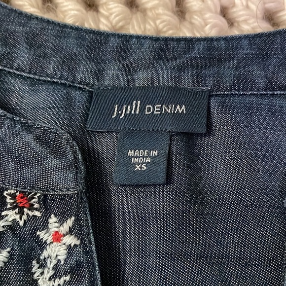 J. Jill Sleeveless denim tunic with embroidery at neck and lower hem. - Picture 3 of 6